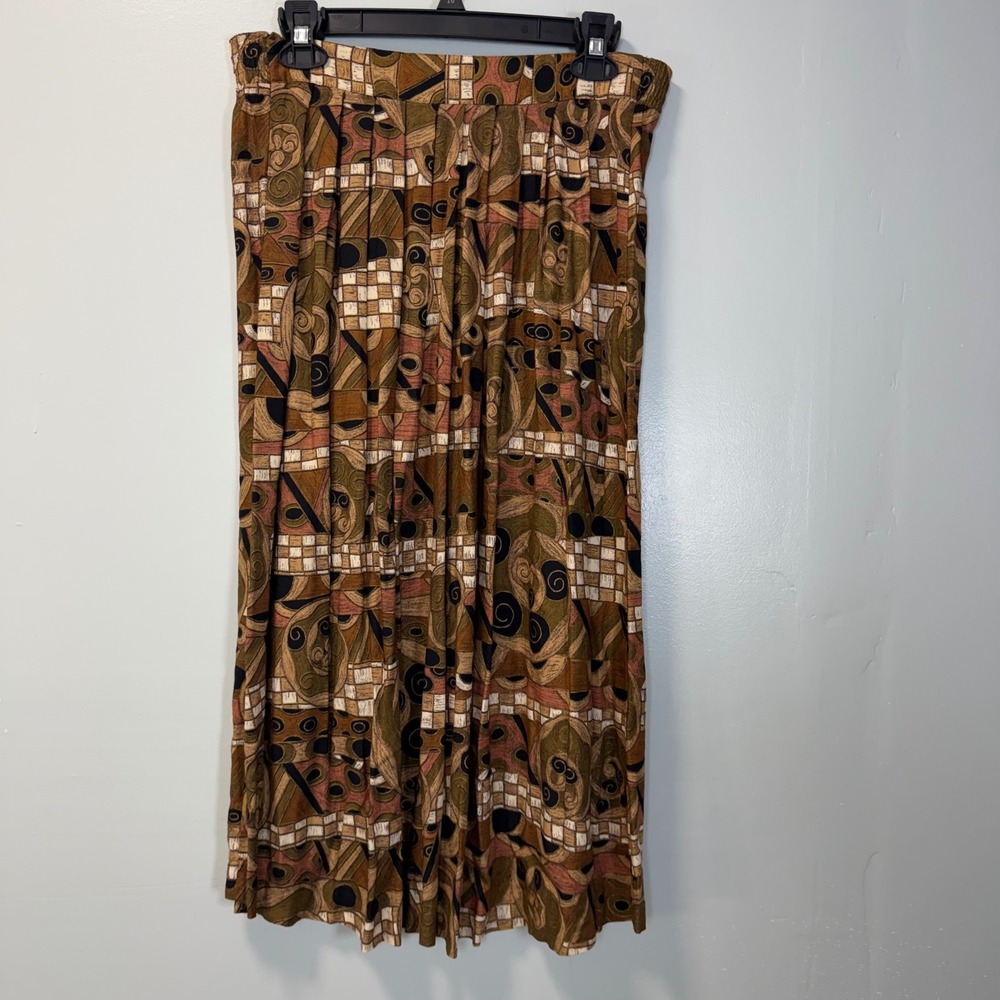 Vintage Christine David Brown Abstract Geometric Rayon Midi Skirt 9699 Small